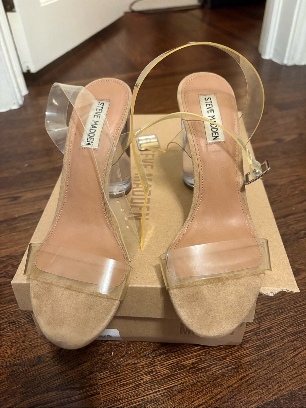 Steve Madden Clear Strap Heels with Tan Suede Footbed